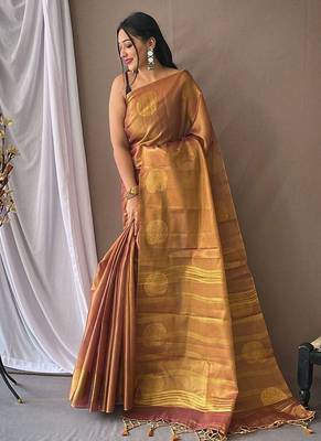 Purple woven design zari tissue saree with unstitched blouse piece 1