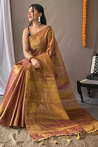 Purple woven design zari tissue saree with unstitched blouse piece
