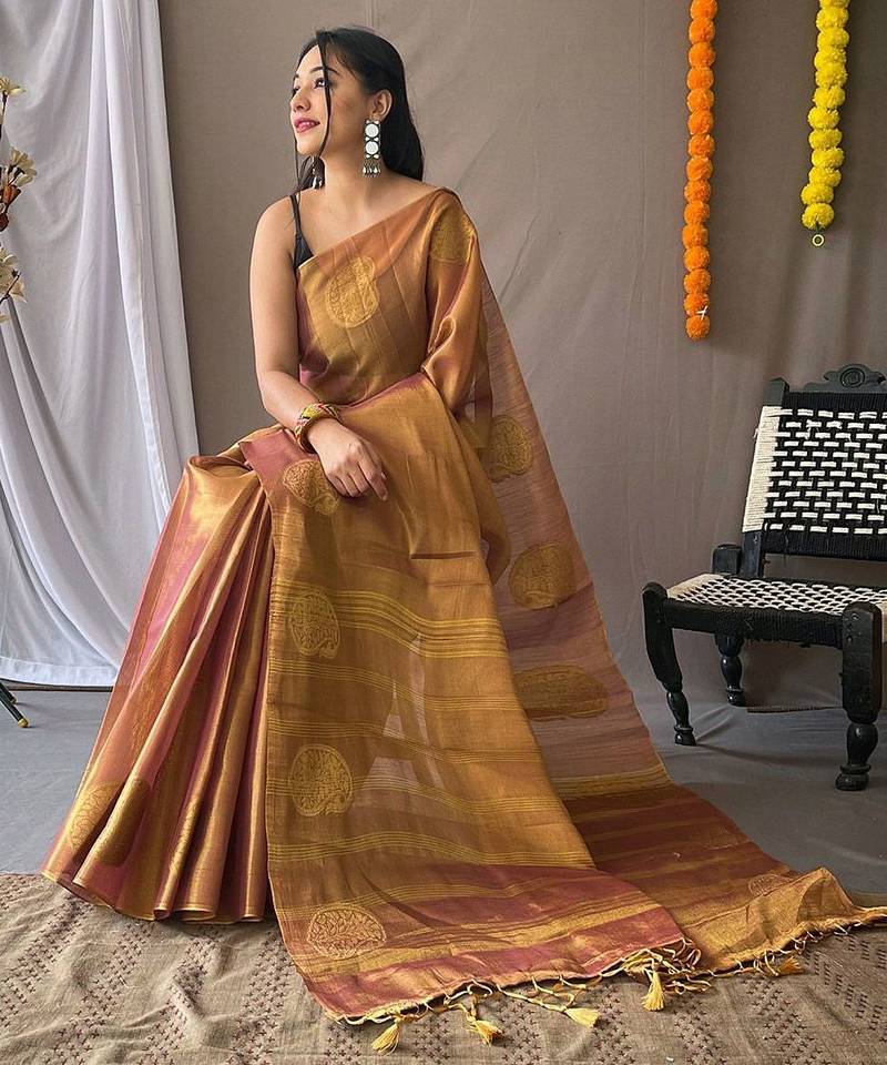 Purple woven design zari tissue saree with unstitched blouse piece