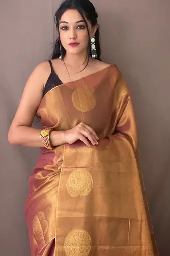 Purple woven design zari tissue saree with unstitched blouse piece