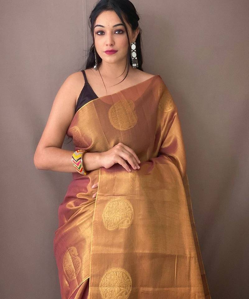 Purple woven design zari tissue saree with unstitched blouse piece