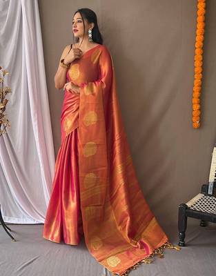 Pink woven design zari tissue saree 1
