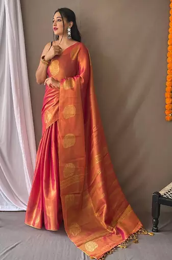 Pink woven design zari tissue saree