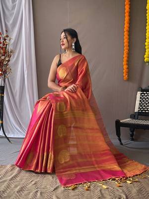 Pink woven design zari tissue saree 2