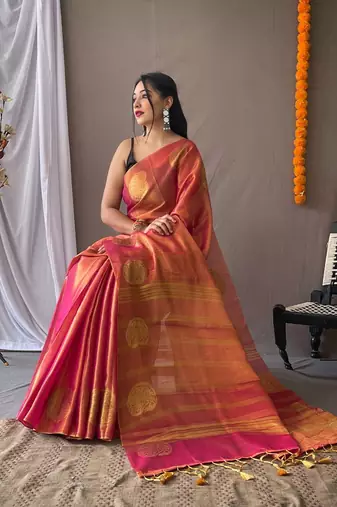 Pink woven design zari tissue saree