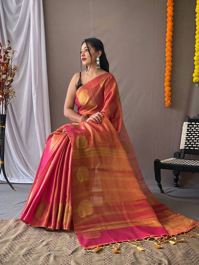Pink woven design zari tissue saree