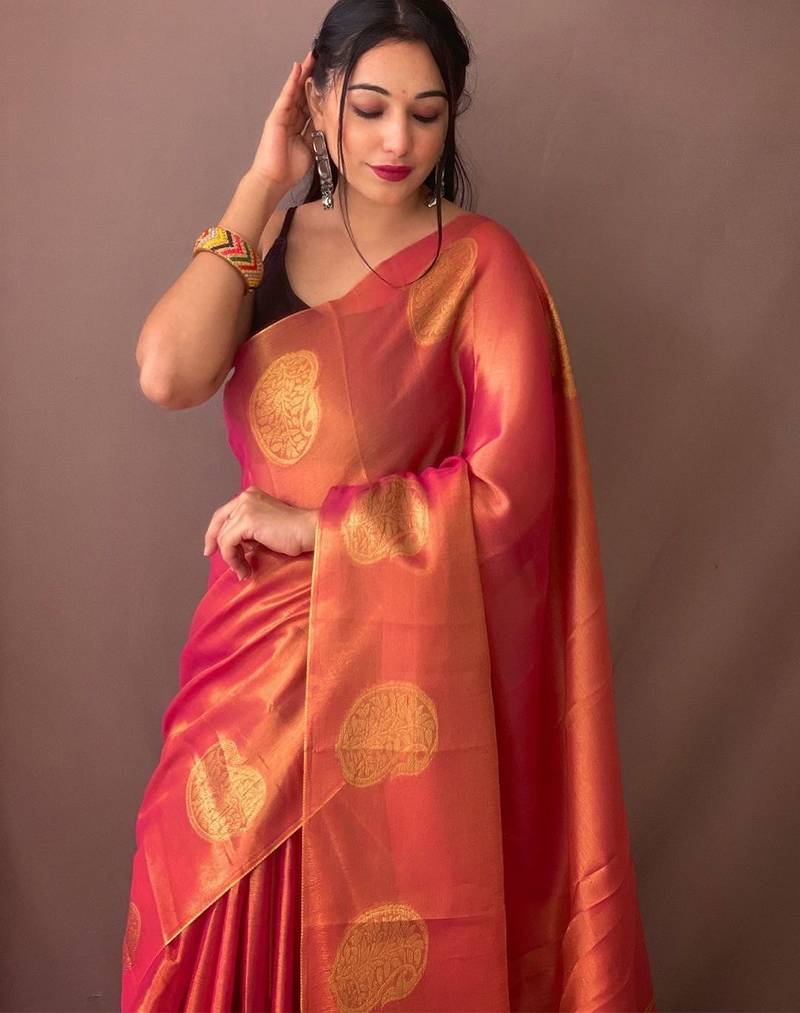 Pink woven design zari tissue saree