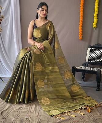 Green woven design zari tissue saree 2