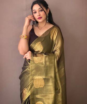 Green woven design zari tissue saree 3