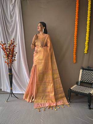 Peach woven design zari tissue saree with unstitched blouse piece 1