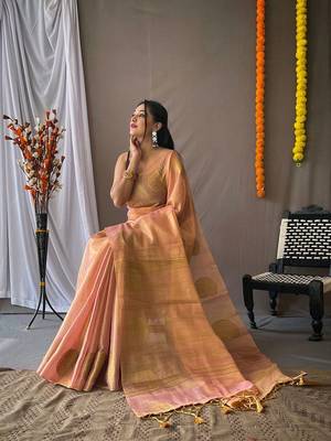Peach woven design zari tissue saree with unstitched blouse piece 2