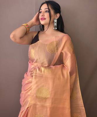 Peach woven design zari tissue saree with unstitched blouse piece 3