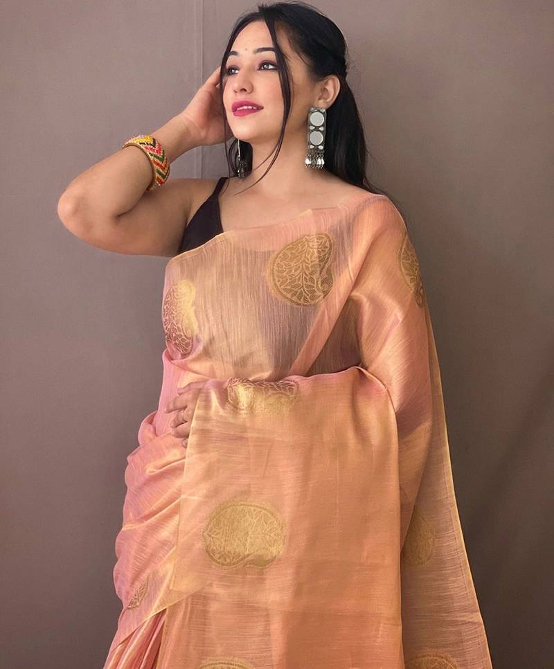 Peach woven design zari tissue saree with unstitched blouse piece