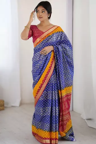 Blue bandhani zari pure cotton bandhani saree
