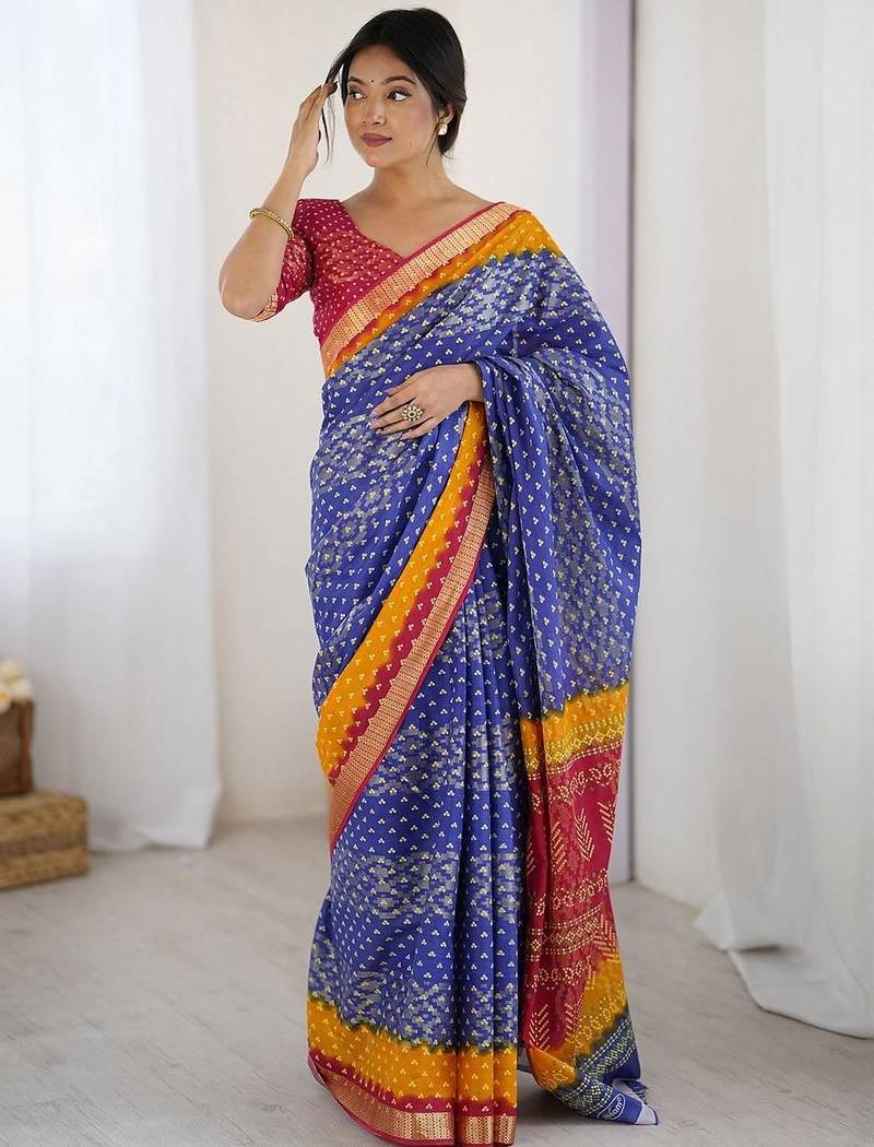 Blue bandhani zari pure cotton bandhani saree