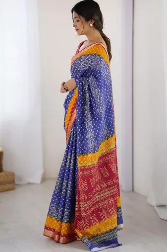 Blue bandhani zari pure cotton bandhani saree