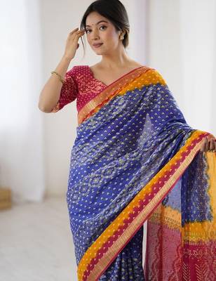 Blue bandhani zari pure cotton bandhani saree 3