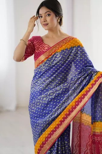 Blue bandhani zari pure cotton bandhani saree