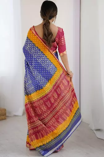 Blue bandhani zari pure cotton bandhani saree