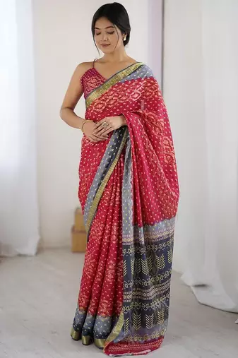 Pink bandhani zari pure cotton bandhani saree