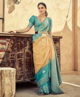 Yellow floral zari kanjeevaram saree 3