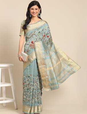Blue embroidered floral mysore silk saree 1