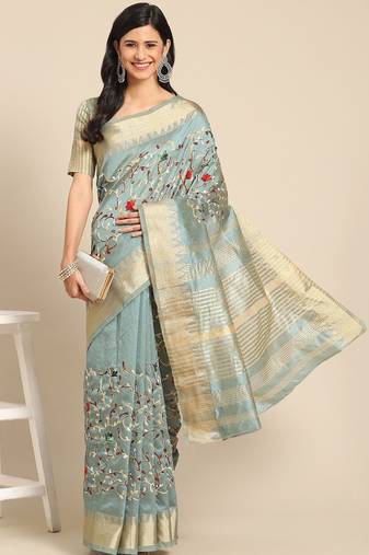 Blue embroidered floral mysore silk saree