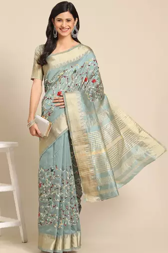 Blue embroidered floral mysore silk saree