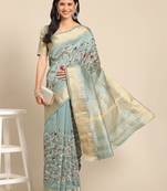 Blue embroidered floral mysore silk saree