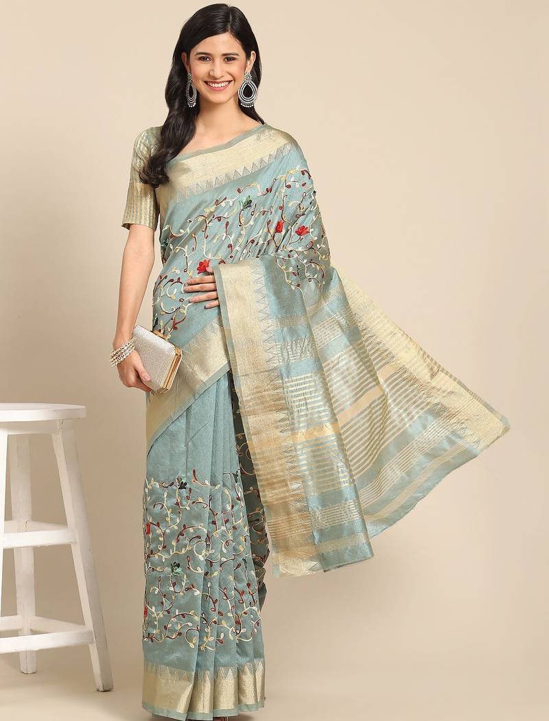 Blue embroidered floral mysore silk saree