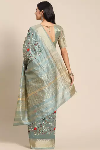 Blue embroidered floral mysore silk saree