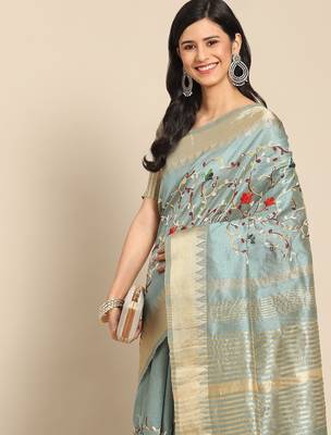 Blue embroidered floral mysore silk saree 3