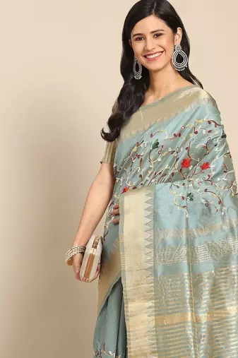 Blue embroidered floral mysore silk saree