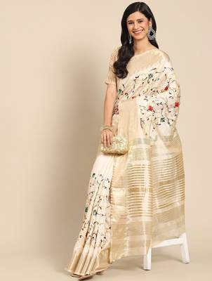 Cream floral embroidered silk cotton mysore silk saree 1