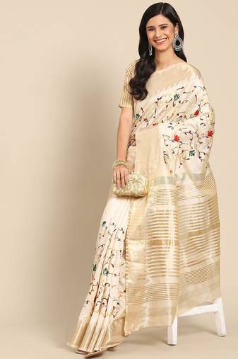 Cream floral embroidered silk cotton mysore silk saree