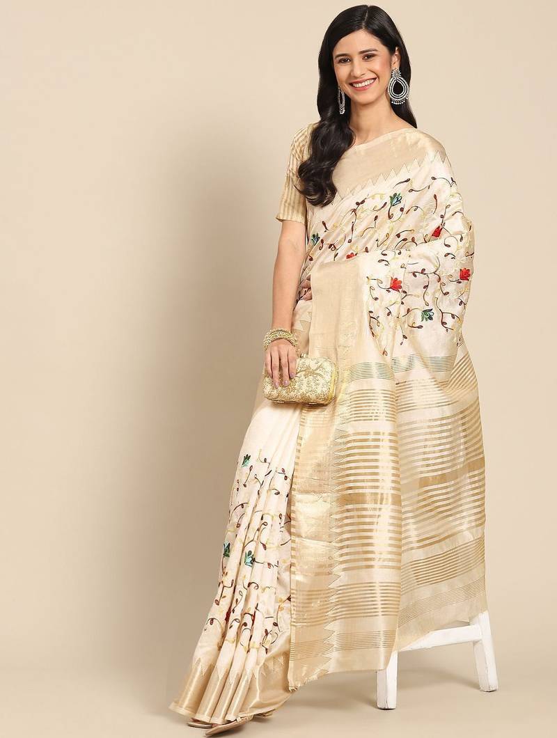 Cream floral embroidered silk cotton mysore silk saree