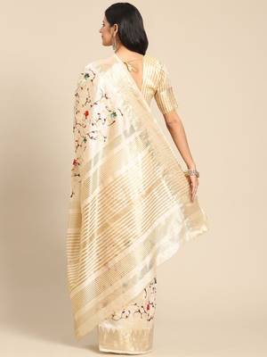 Cream floral embroidered silk cotton mysore silk saree 2