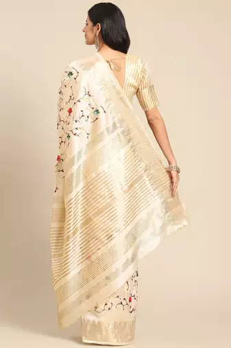 Cream floral embroidered silk cotton mysore silk saree