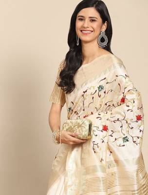 Cream floral embroidered silk cotton mysore silk saree 3
