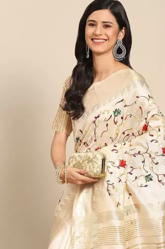 Cream floral embroidered silk cotton mysore silk saree