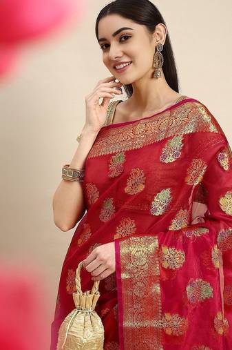 Red ethnic motifs zari woven banarasi saree