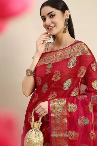 Red ethnic motifs zari woven banarasi saree