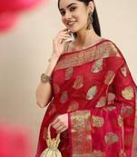 Red ethnic motifs zari woven banarasi saree