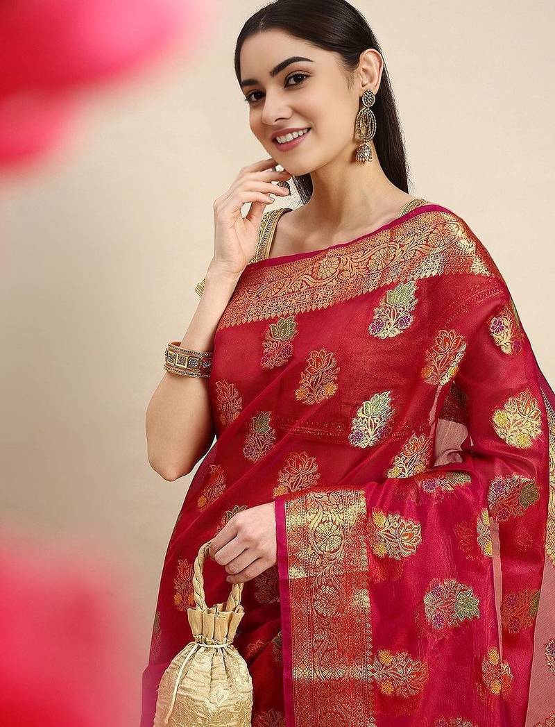 Red ethnic motifs zari woven banarasi saree