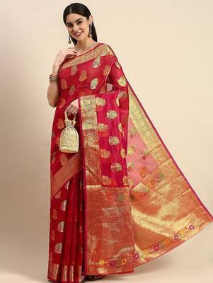 Red ethnic motifs zari woven banarasi saree 2