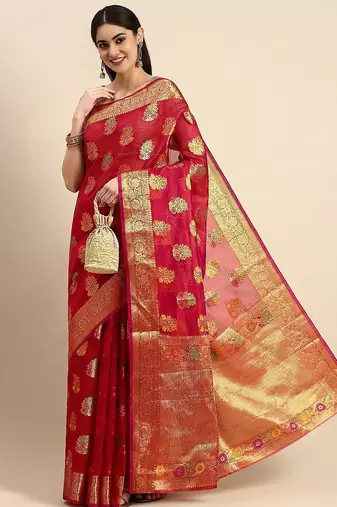 Red ethnic motifs zari woven banarasi saree