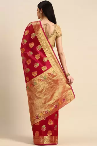 Red ethnic motifs zari woven banarasi saree