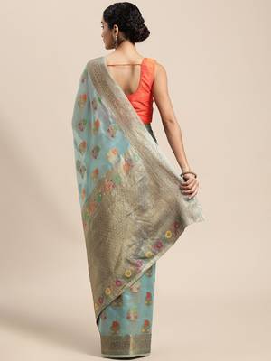 Blue ethnic motifs zari organza banarasi saree 2