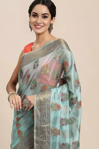 Blue ethnic motifs zari organza banarasi saree