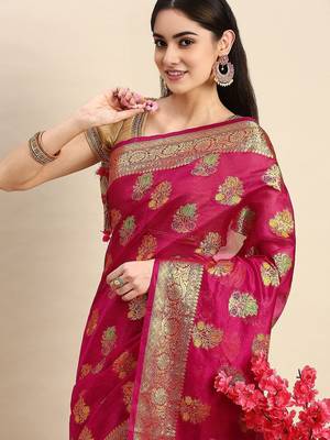 Pink ethnic motifs zari organza banarasi saree 1